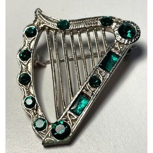 Vintage Miracle Co Sol D’Or Irish Celtic Harp Brooch Emerald Green Silver Plated